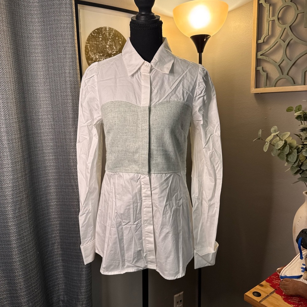 Anthro Greylin Nora Smocked Linen Shirt- mint-white